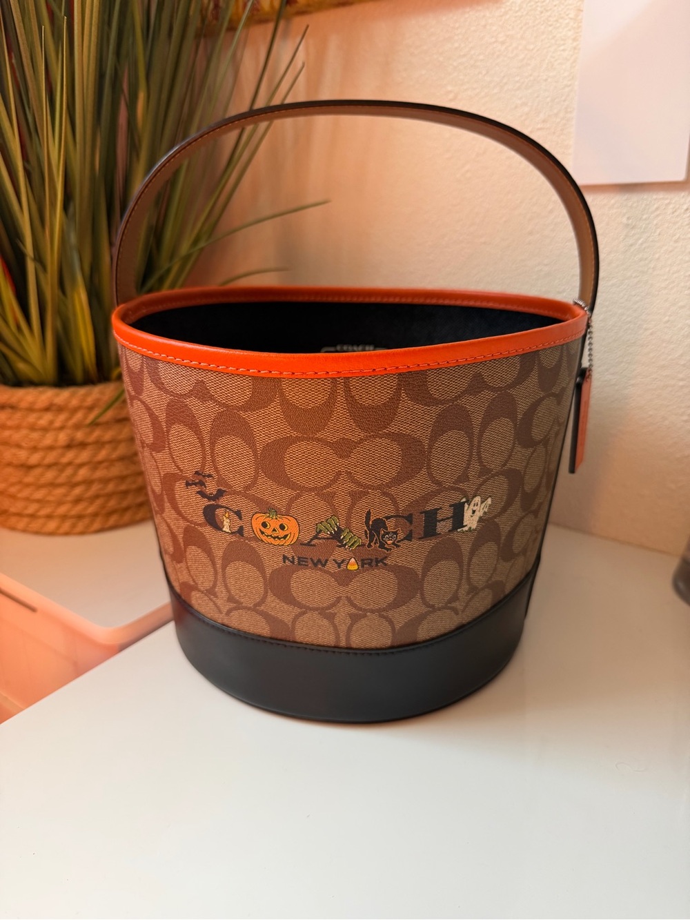 Coach Signature Canvas Halloween Bucket Bag in Brown, Orange & Black